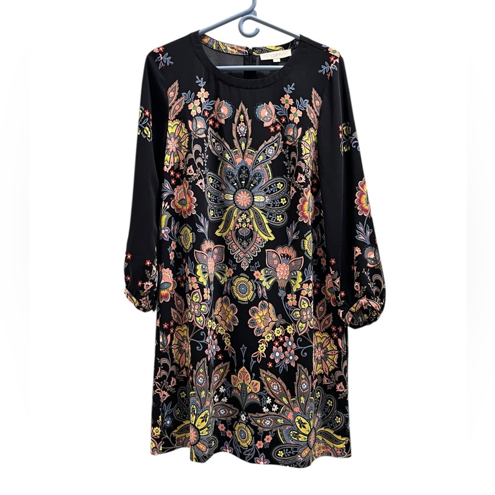 Ann Taylor LOFT Navy Blue Shift Dress with Multicolor Floral Design Size Medium